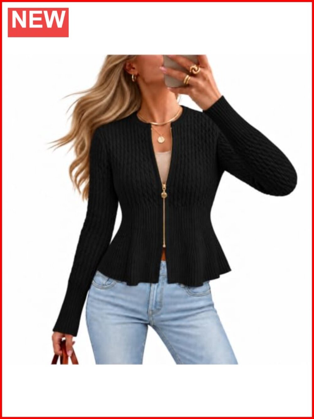 Womens Zip Up Peplum Cable Knit Cardigan Sweater Long Sleeve Crew Neck